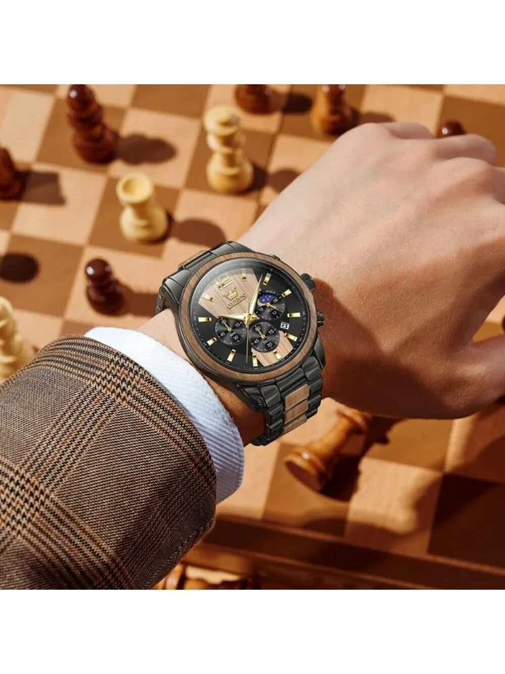 Men's Black Quartz Stainless Steel Waterproof Luminous Date Luxury Wooden Watch